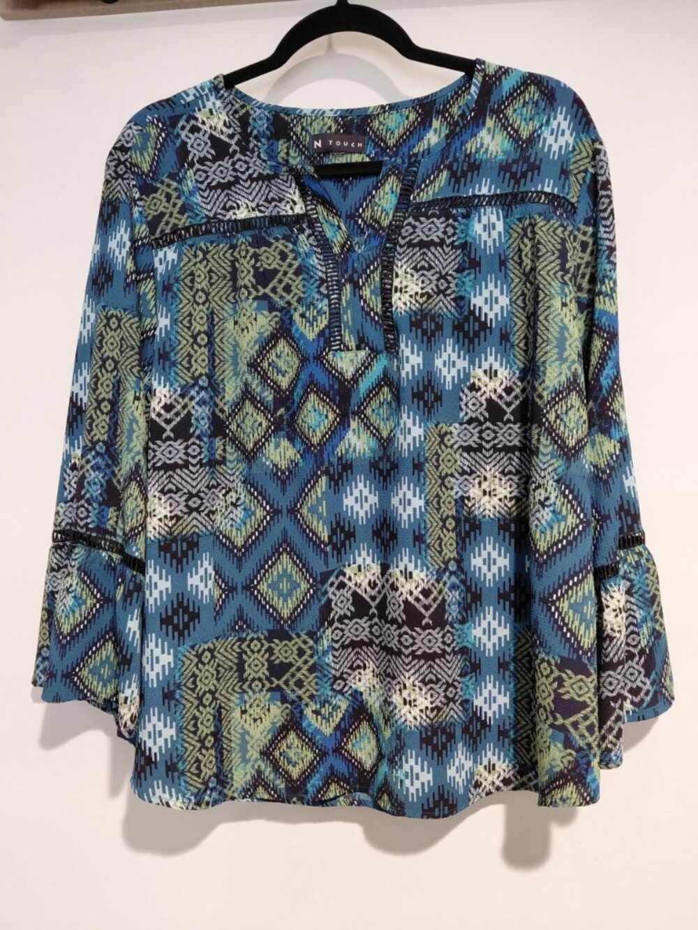 N Touch Women’s Blue Green Aztec Geometric Boho Blouse Bell Sleeve Top